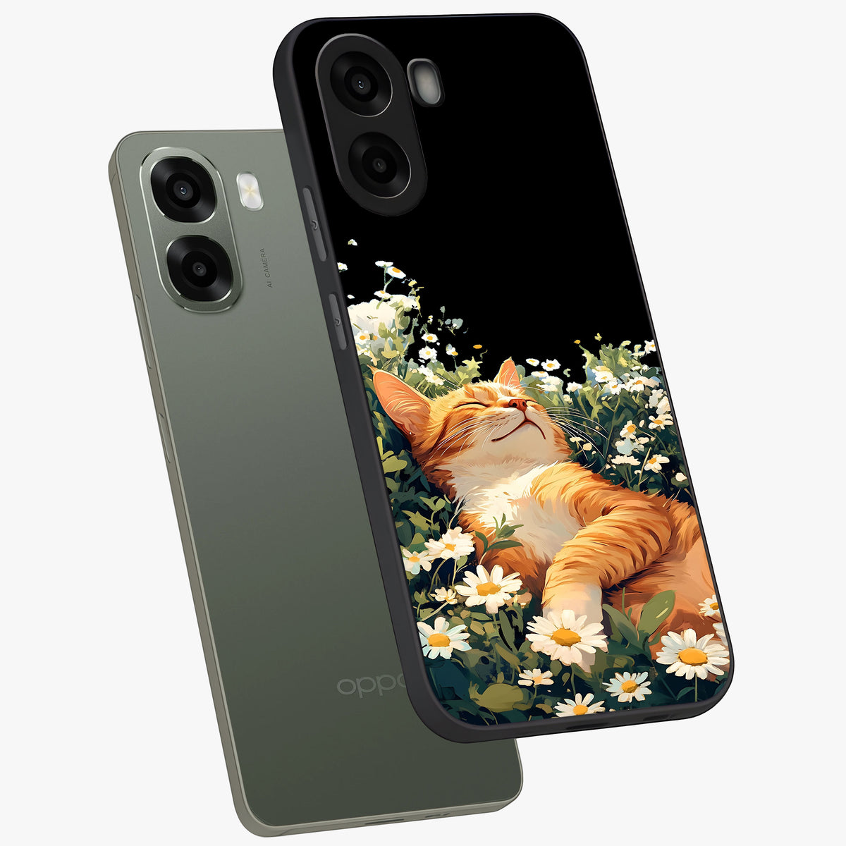 Blissful Bloom Cat Glass Case displayed in angled mockup highlighting playful feline illustration with soft floral aesthetic.