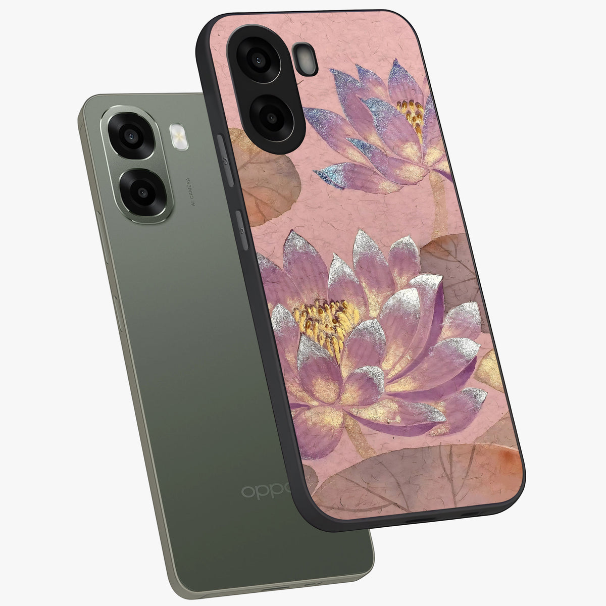 Blossom Mist Lotus Glass Case displayed in angled mockup highlighting delicate lotus illustration with calm aesthetic theme.