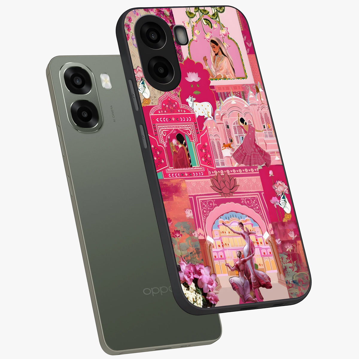 Blossoms of Rajasthan Glass Case displayed in angled mockup highlighting vibrant floral pattern with cultural aesthetic style.
