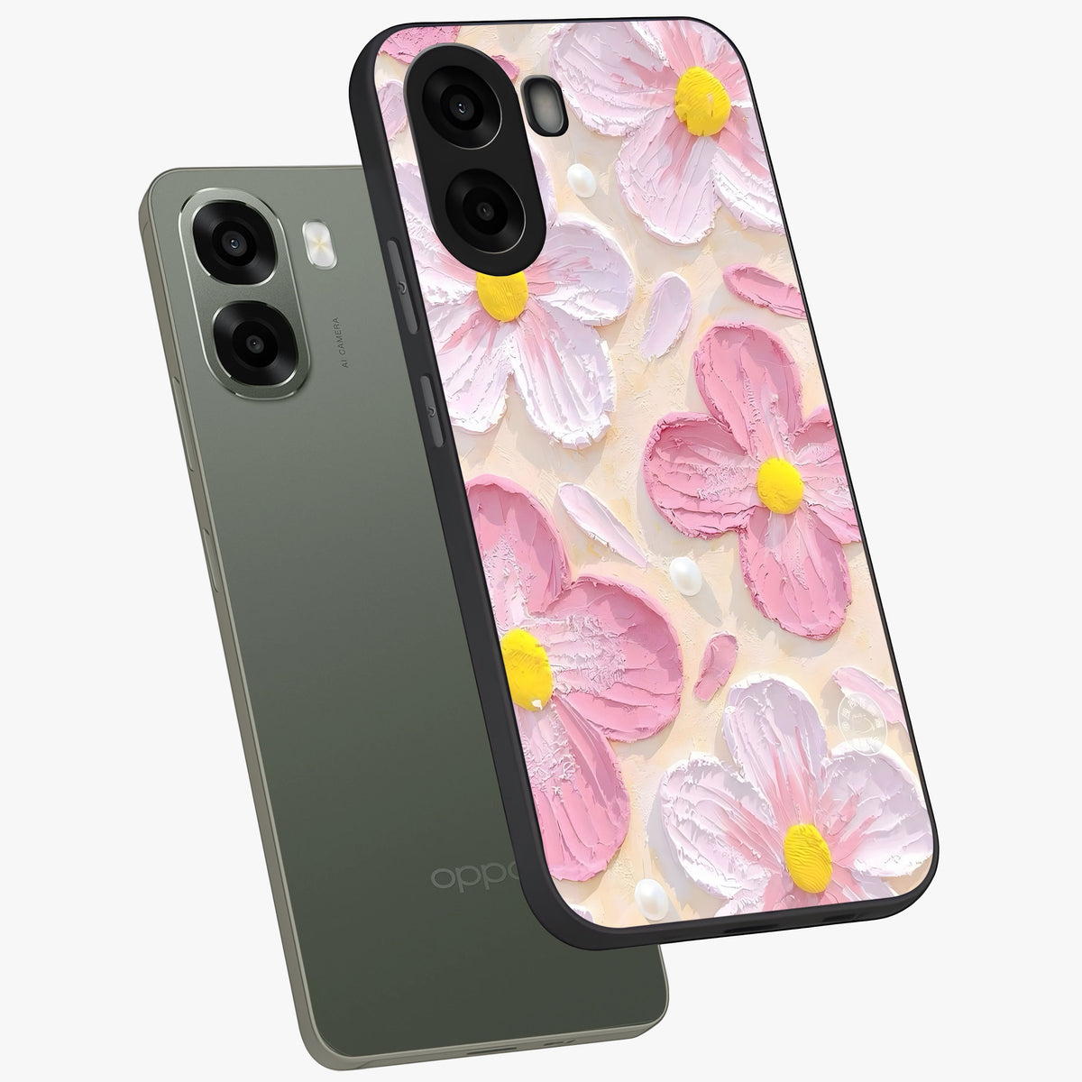 Blush Bloom Texture Glass Case displayed in angled mockup highlighting subtle bloom pattern with aesthetic pastel design.
