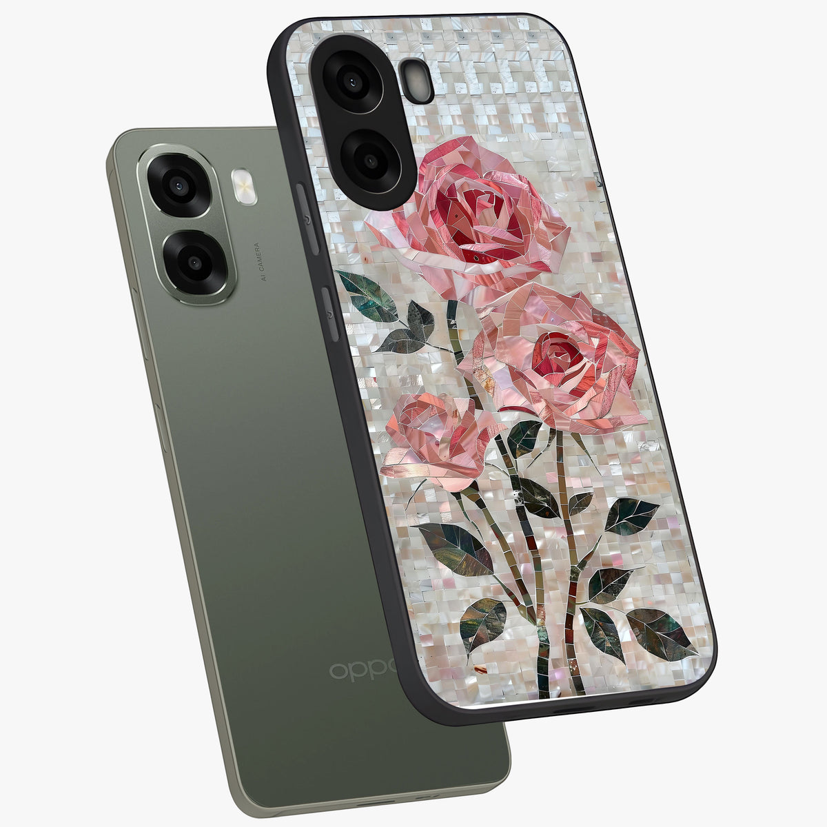 Blush Mosaic Bloom Glass Case displayed in angled mockup highlighting artistic mosaic flower pattern with aesthetic design.