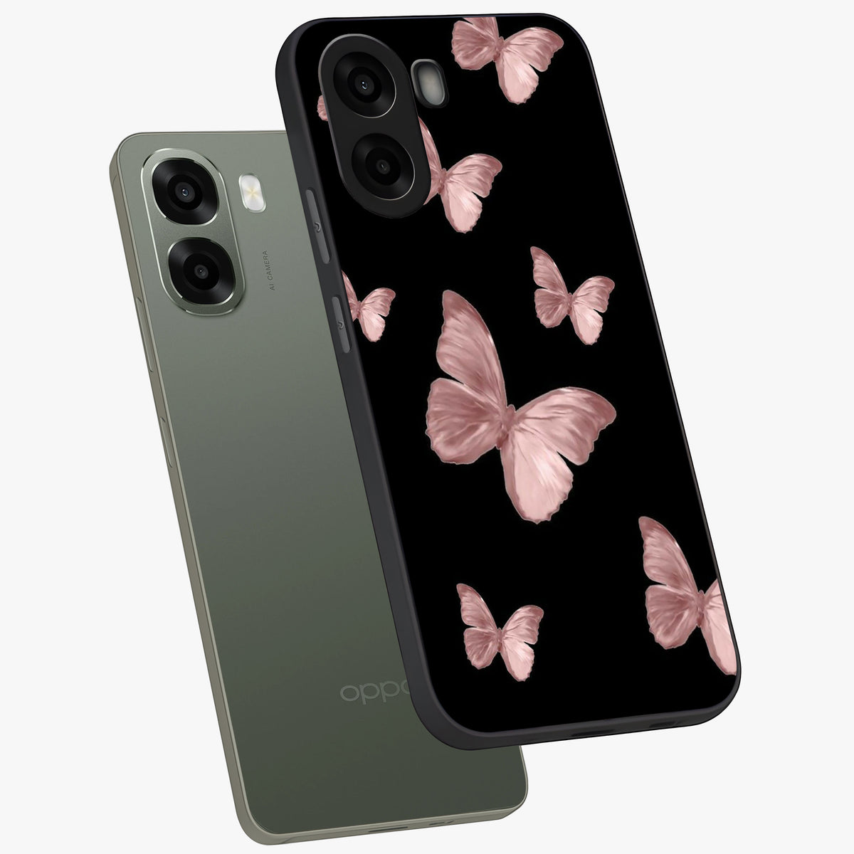 Butterfly Pattern Glass Case displayed in angled mockup highlighting delicate butterfly design and aesthetic pattern style.