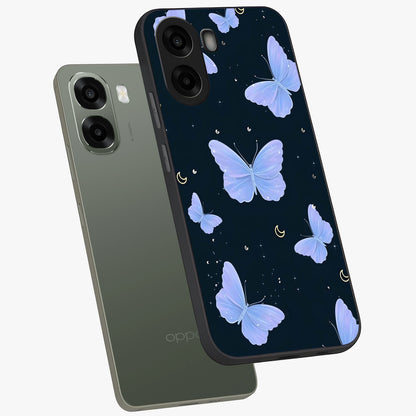 Butterfly With Stars Pattern Glass Case displayed in angled mockup highlighting dreamy butterfly and star design with aesthetic theme.