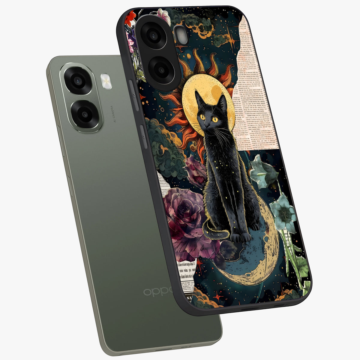 Celestial Black Cat Glass Case displayed in angled mockup highlighting cosmic black cat design with celestial aesthetic.