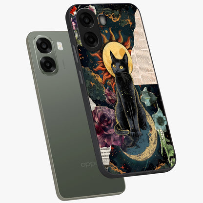 Celestial Black Cat Glass Case displayed in angled mockup highlighting cosmic black cat design with celestial aesthetic.