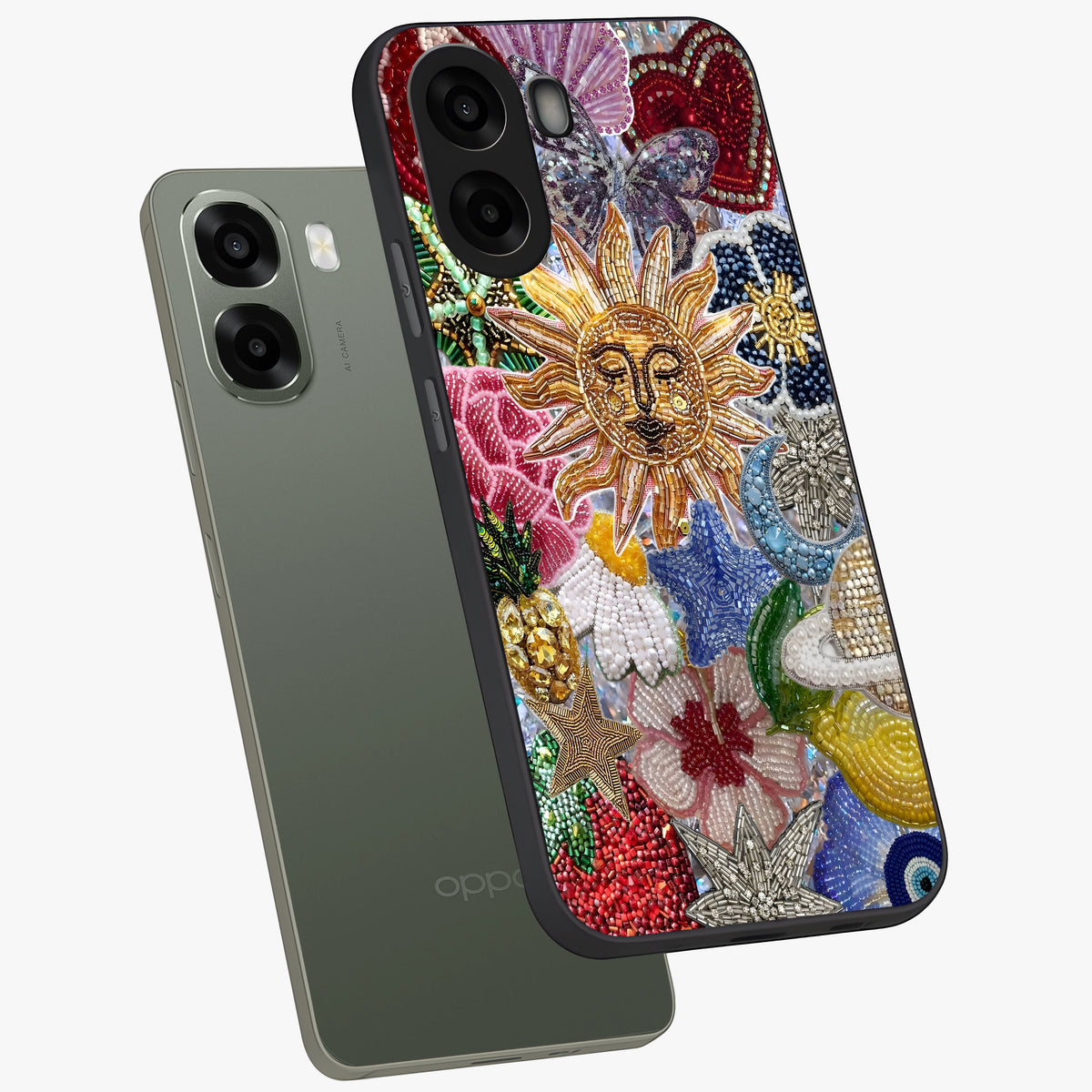Celestial Floral and Playful Glass Case displayed in angled mockup highlighting playful floral design with dreamy celestial elements.
