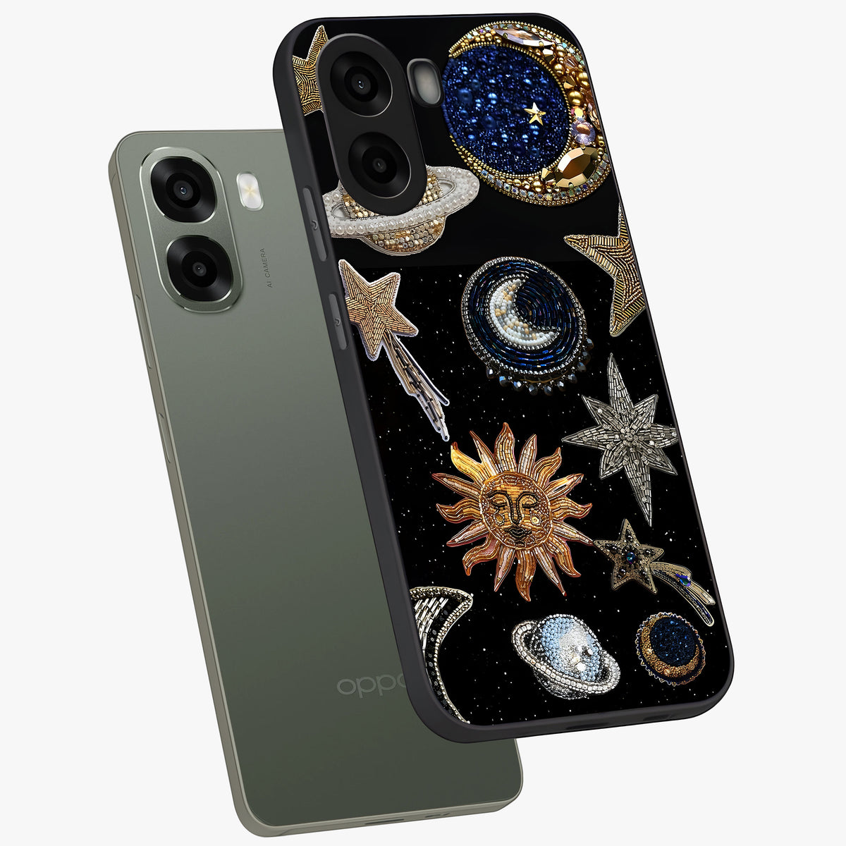 Celestial Gem Constellations Glass Case displayed in angled mockup highlighting gemstone inspired constellation design.