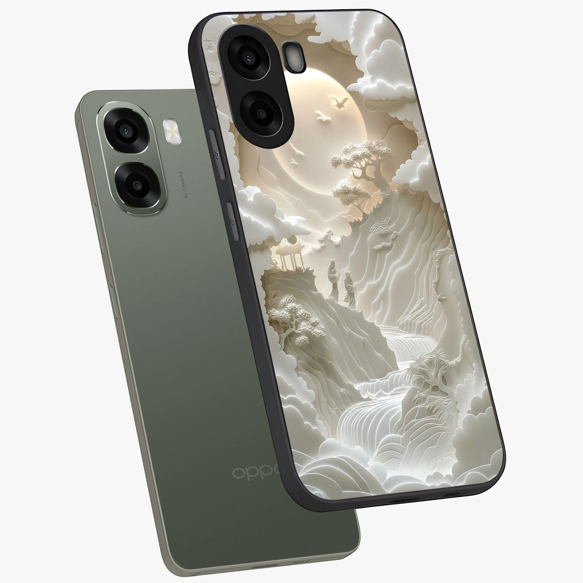 Celestial Origami Glass Case displayed in angled mockup highlighting geometric origami design with cosmic aesthetic theme.
