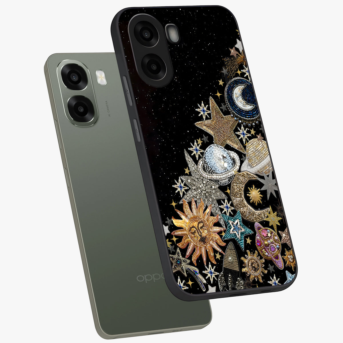 Cosmic Sparkle Dreams Glass Case displayed in angled mockup highlighting dreamy star sparkle design with celestial aesthetic.