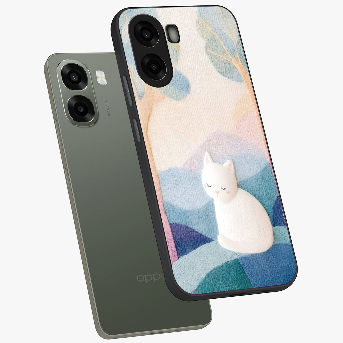 Cotton Dream Cat Glass Case displayed in angled mockup highlighting cute feline illustration with pastel aesthetic style.