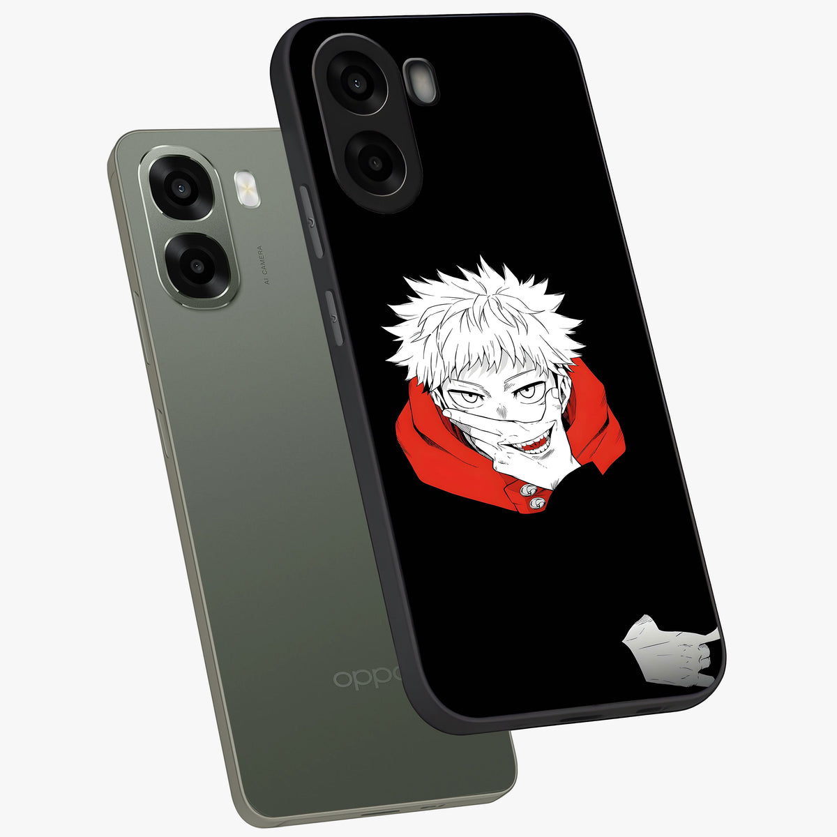 Crimson Chaos Smile Glass Case displayed in angled mockup highlighting edgy crimson smile design with graphic aesthetic.