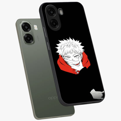 Crimson Chaos Smile Glass Case displayed in angled mockup highlighting edgy crimson smile design with graphic aesthetic.