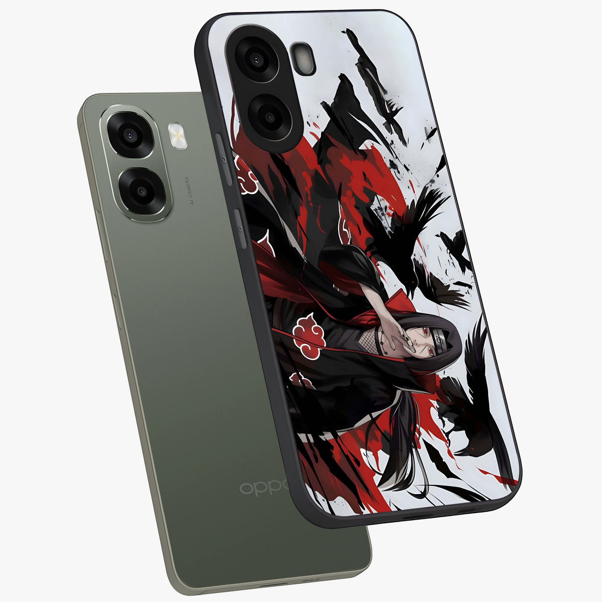 Crimson Crow Illusion Glass Case displayed in angled mockup highlighting mysterious crow graphic with dark aesthetic style.