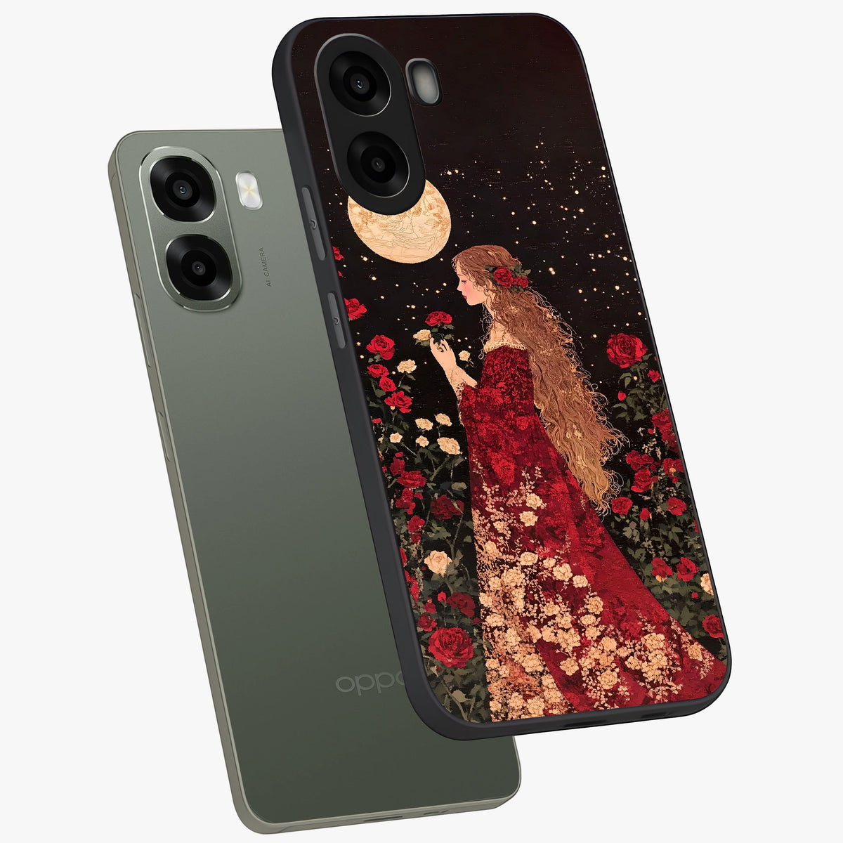 Crimson Dreams Glass Case displayed in angled mockup highlighting soft crimson aesthetic design with artistic theme.