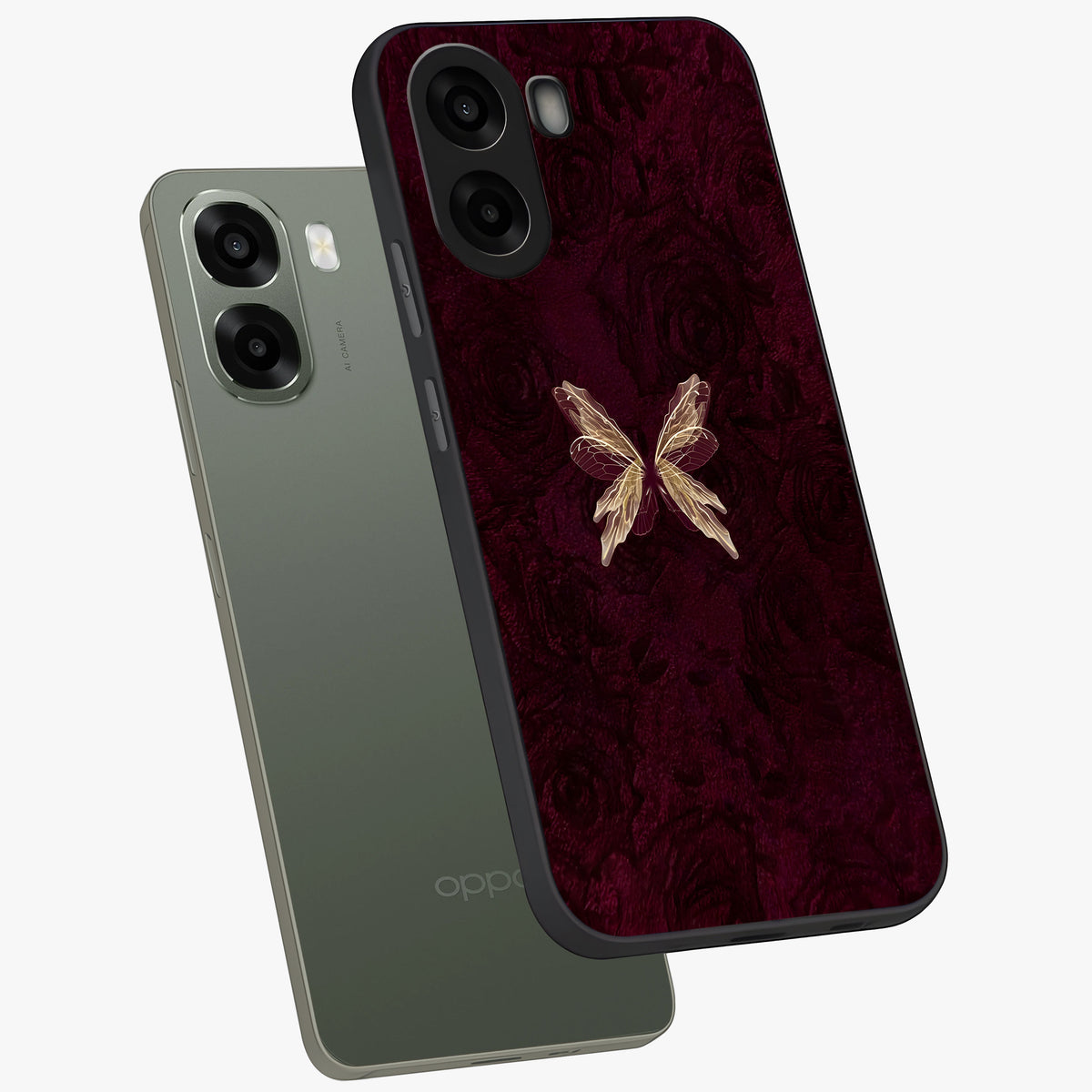 Crimson Fade Butterfly Glass Case displayed in angled mockup highlighting elegant butterfly design with crimson gradient aesthetic.