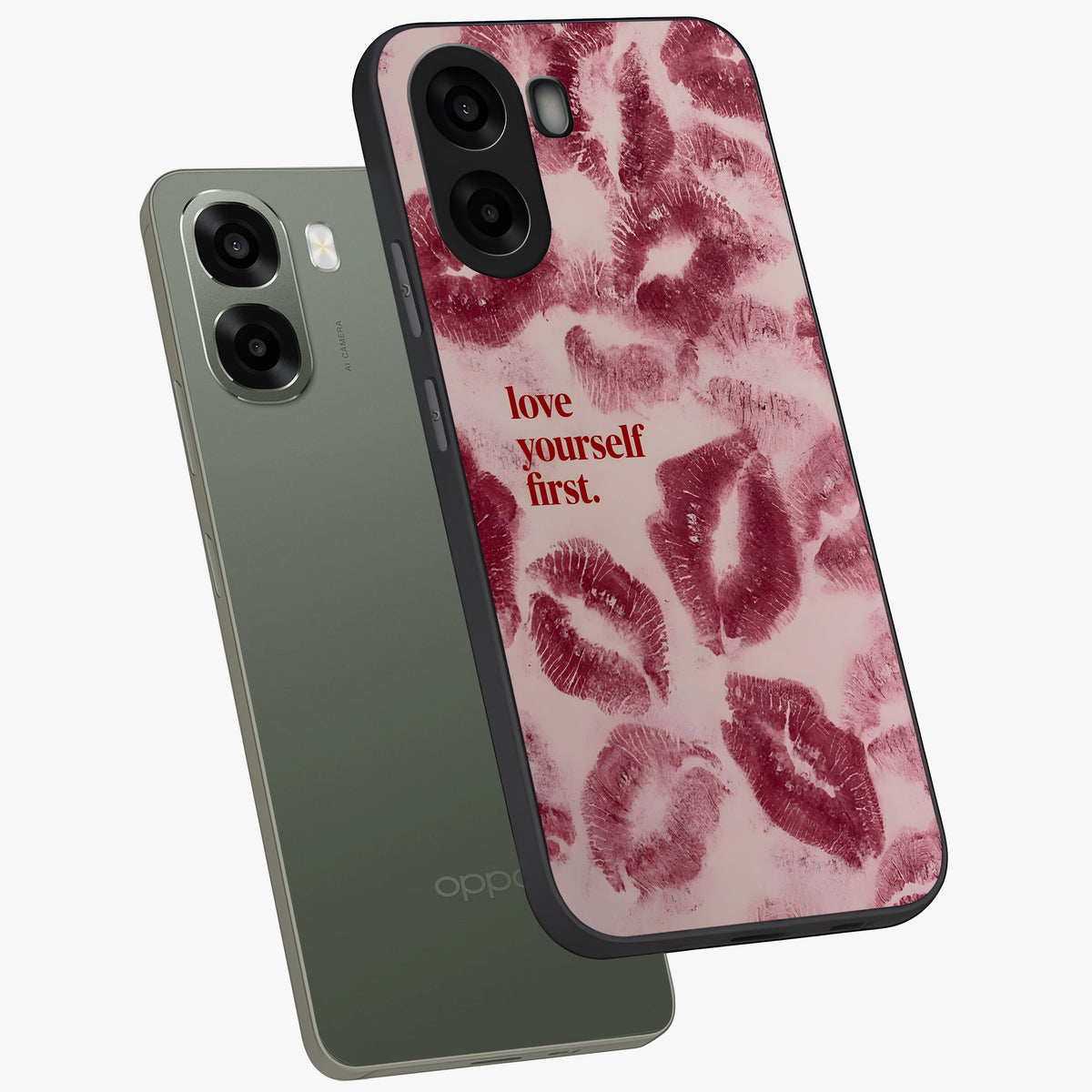 Crimson Kiss Love Glass Case displayed in angled mockup highlighting bold love inspired design with modern aesthetic style.