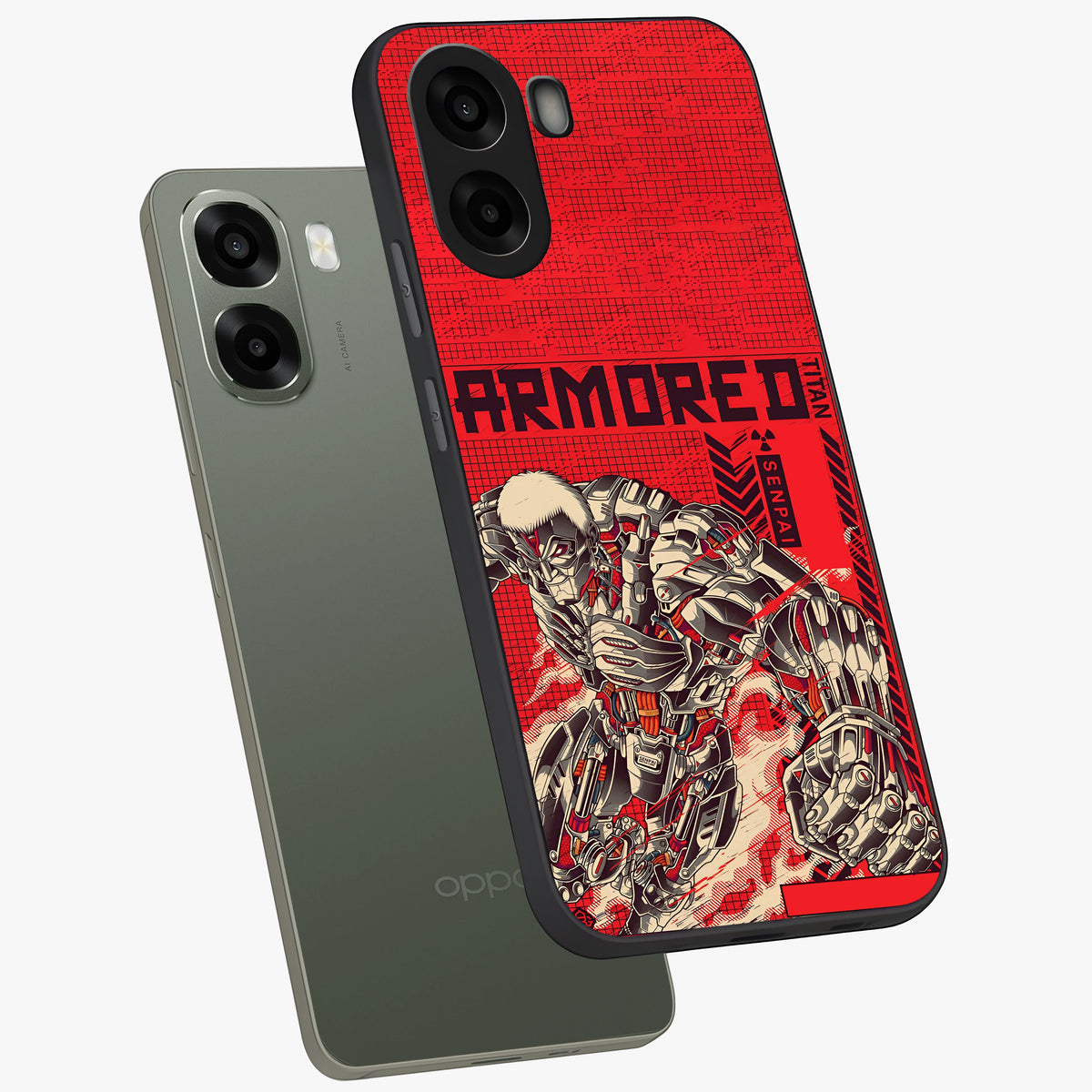 Crimson Mecha Titan Glass Case displayed in angled mockup highlighting futuristic mech illustration with bold crimson aesthetic.