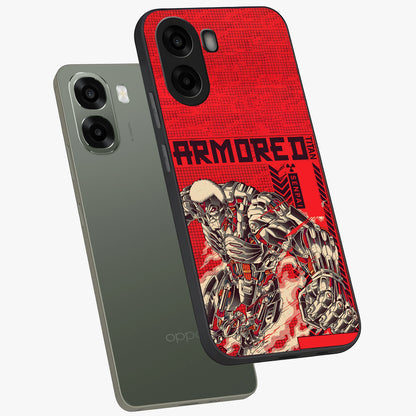 Crimson Mecha Titan Glass Case displayed in angled mockup highlighting futuristic mech illustration with bold crimson aesthetic.