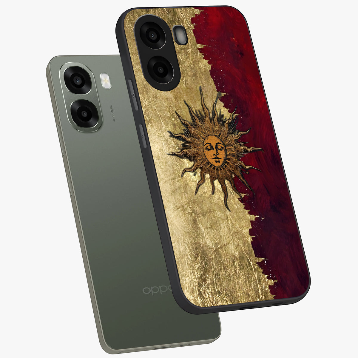 Crimson Sun Majesty Glass Case displayed in angled mockup highlighting majestic crimson sun design with bold aesthetic style.