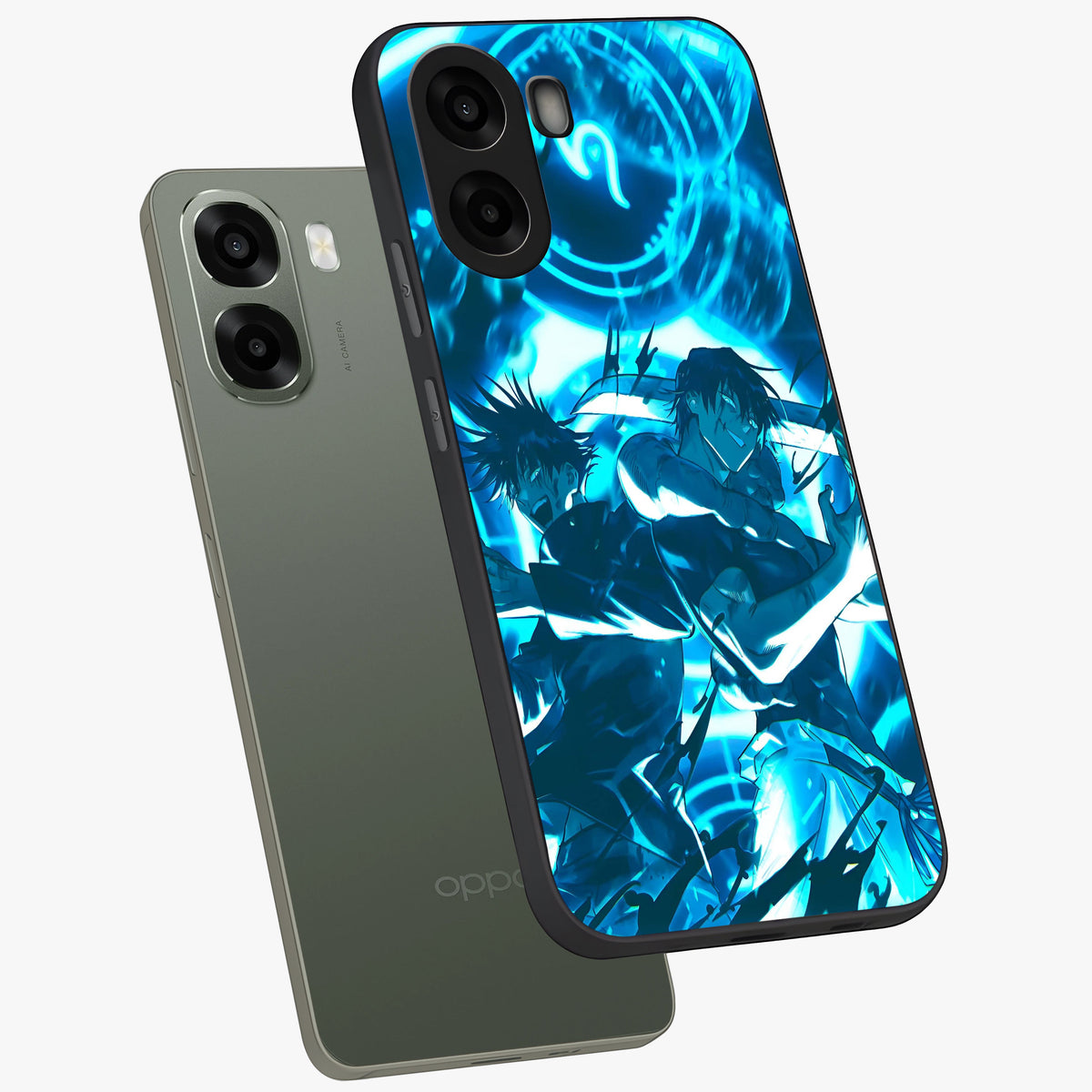 Cursed Energy Clash Glass Case displayed in angled mockup highlighting powerful battle inspired graphic with anime style aesthetic.