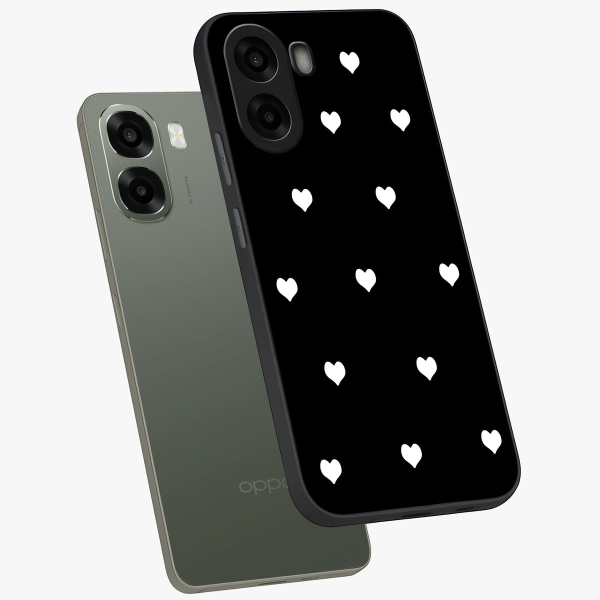 Cute And Simple White Hearts Glass Case displayed in angled mockup highlighting cute heart design with clean aesthetic style.