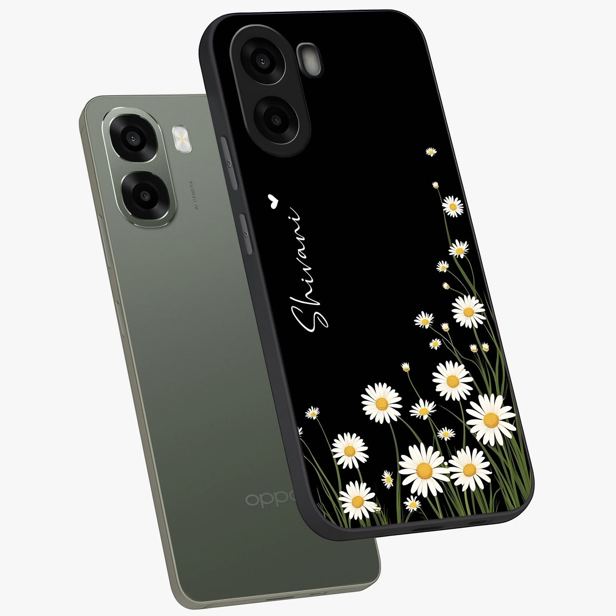 Daisy Cascade Custom Name Glass Case displayed in angled mockup highlighting delicate daisy artwork with custom name feature.