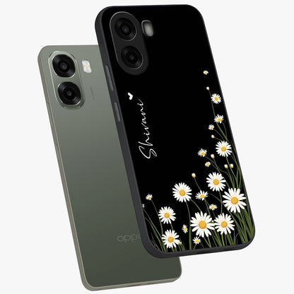 Daisy Cascade Custom Name Glass Case displayed in angled mockup highlighting delicate daisy artwork with custom name feature.