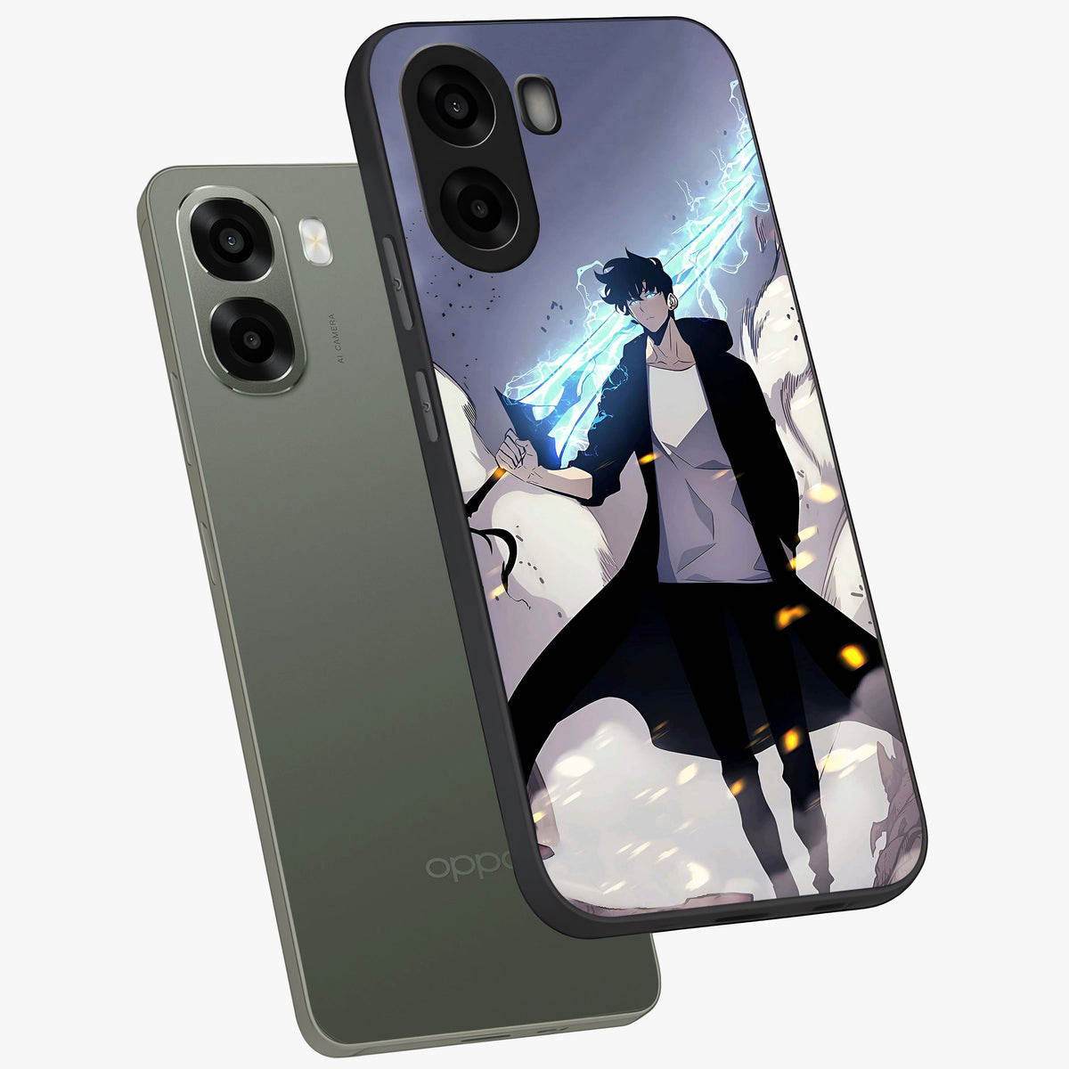 Dark Lightning Anime Warrior Glass Case displayed in angled mockup highlighting powerful lightning themed anime illustration.