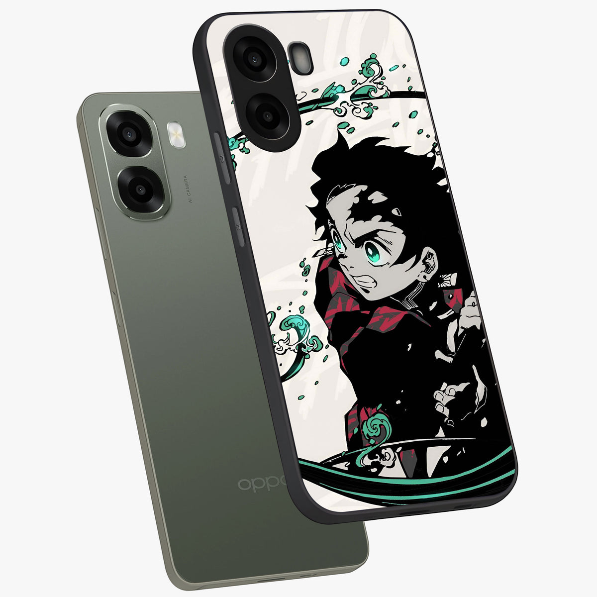 Demon Slayer Glass Case displayed in angled mockup highlighting dramatic anime character design with action aesthetic.