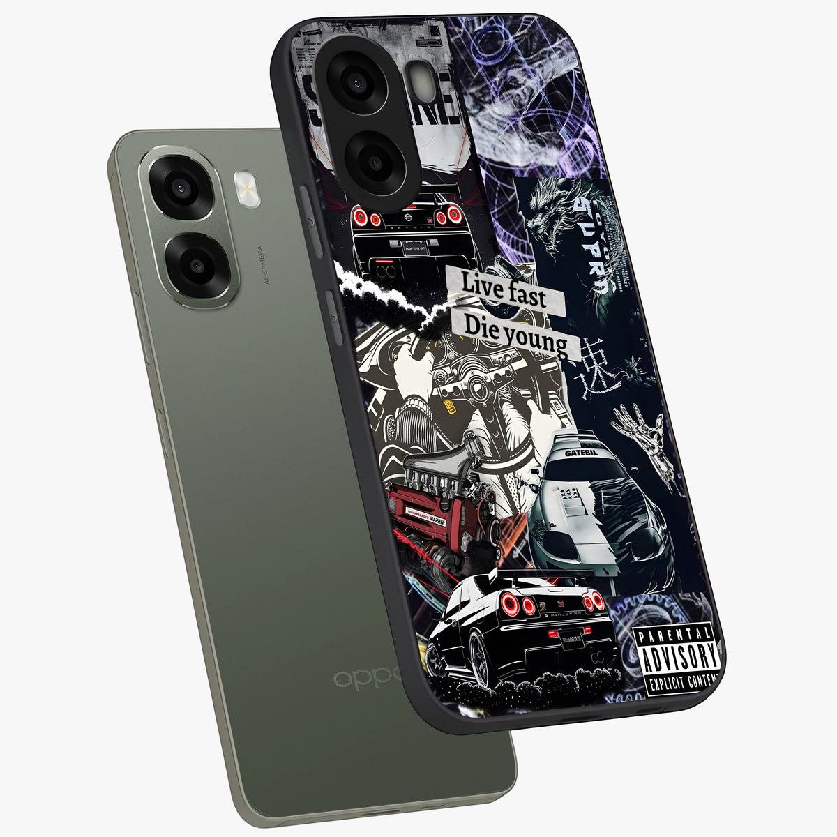Die Young Glass Case displayed in angled mockup highlighting expressive graphic artwork with edgy aesthetic style.