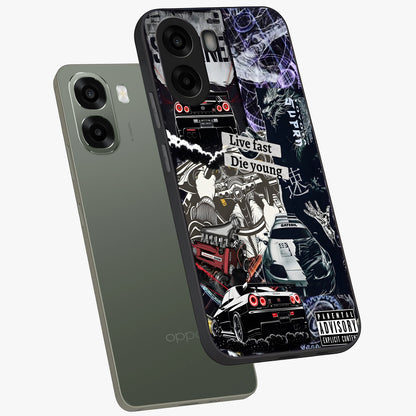 Die Young Glass Case displayed in angled mockup highlighting expressive graphic artwork with edgy aesthetic style.