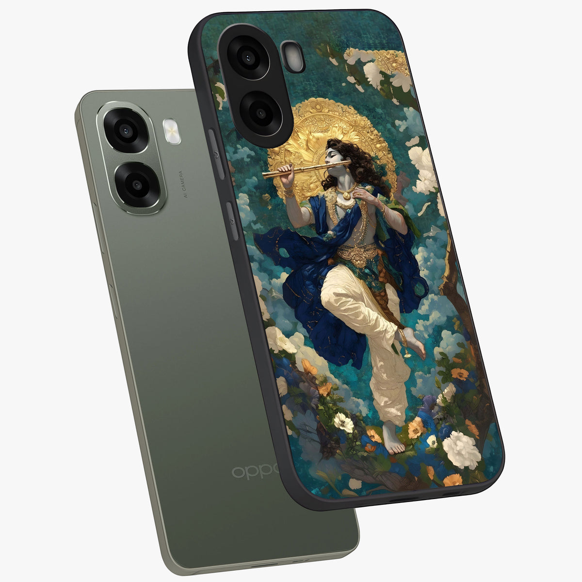Divine Krishna Art Glass Case displayed in angled mockup highlighting spiritual Krishna illustration with devotional aesthetic.