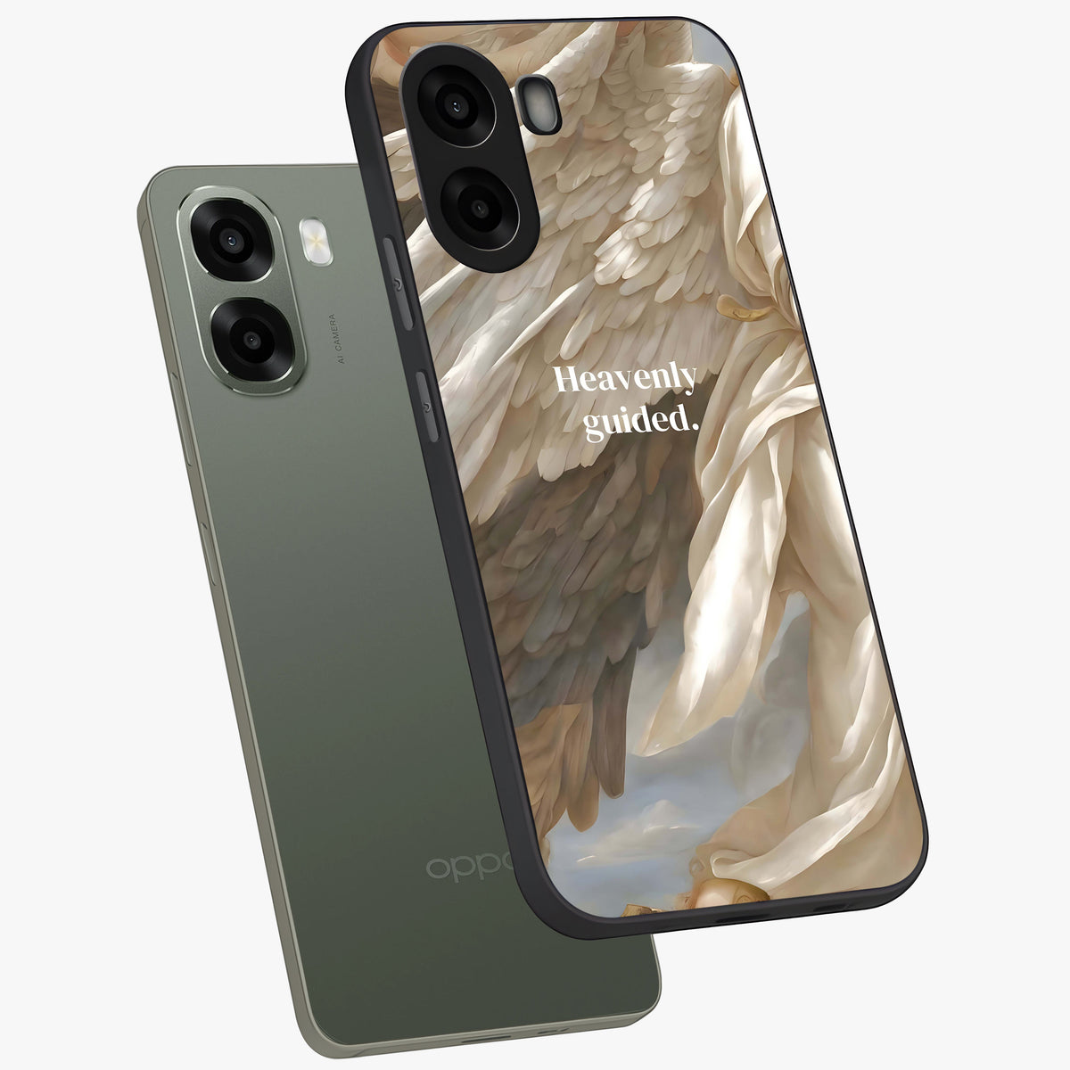 Divine Winged Grace Glass Case displayed in angled mockup highlighting graceful wing design with divine aesthetic style.