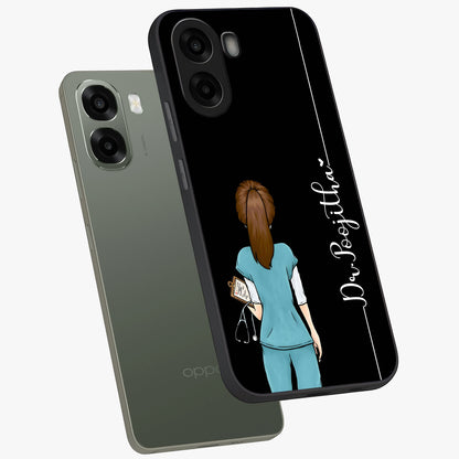 Doctor Pattern Custom Name Glass Case displayed in angled mockup highlighting doctor inspired artwork with custom name feature.