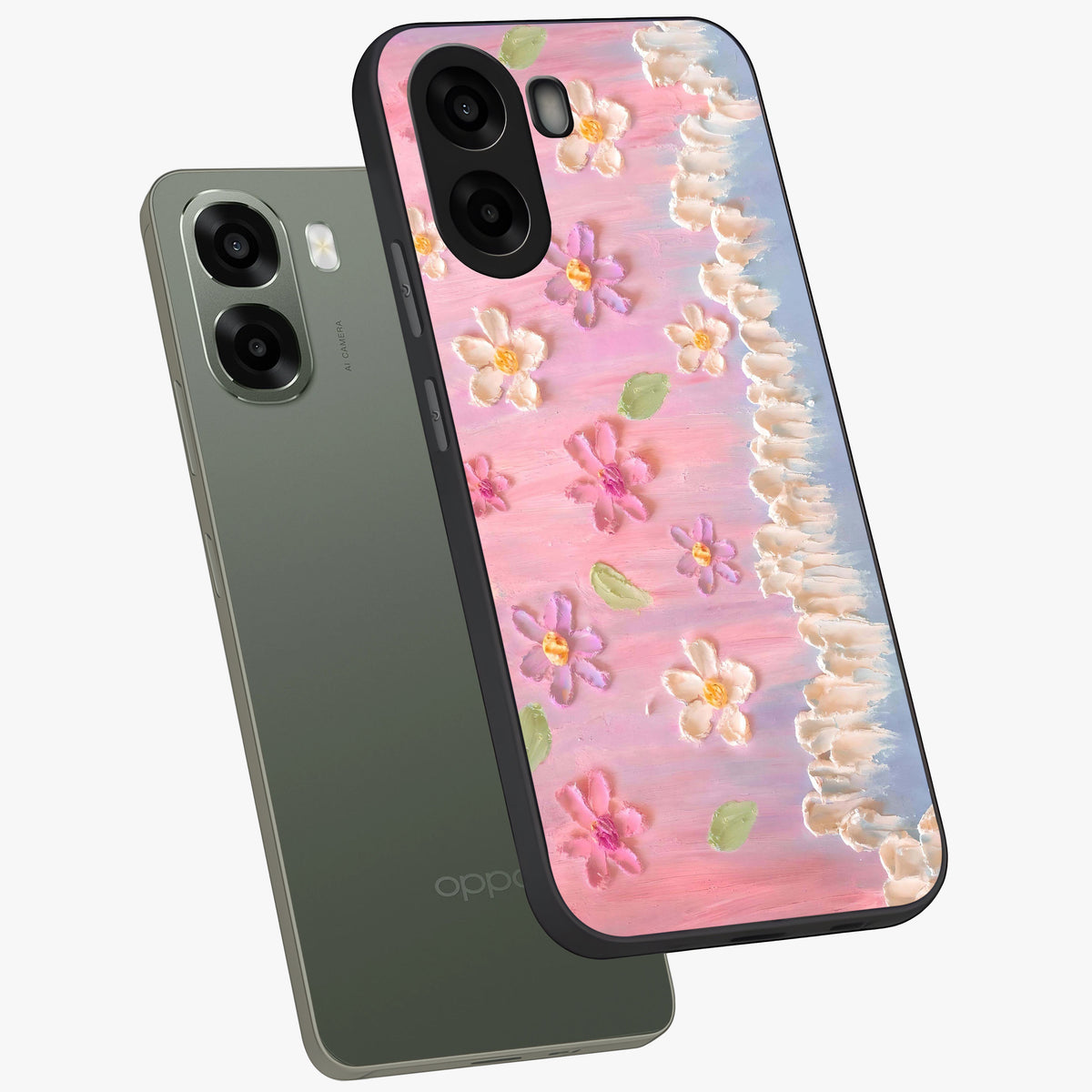 Dreamy Painted Garden Glass Case displayed in angled mockup highlighting colorful garden illustration with dreamy aesthetic style.