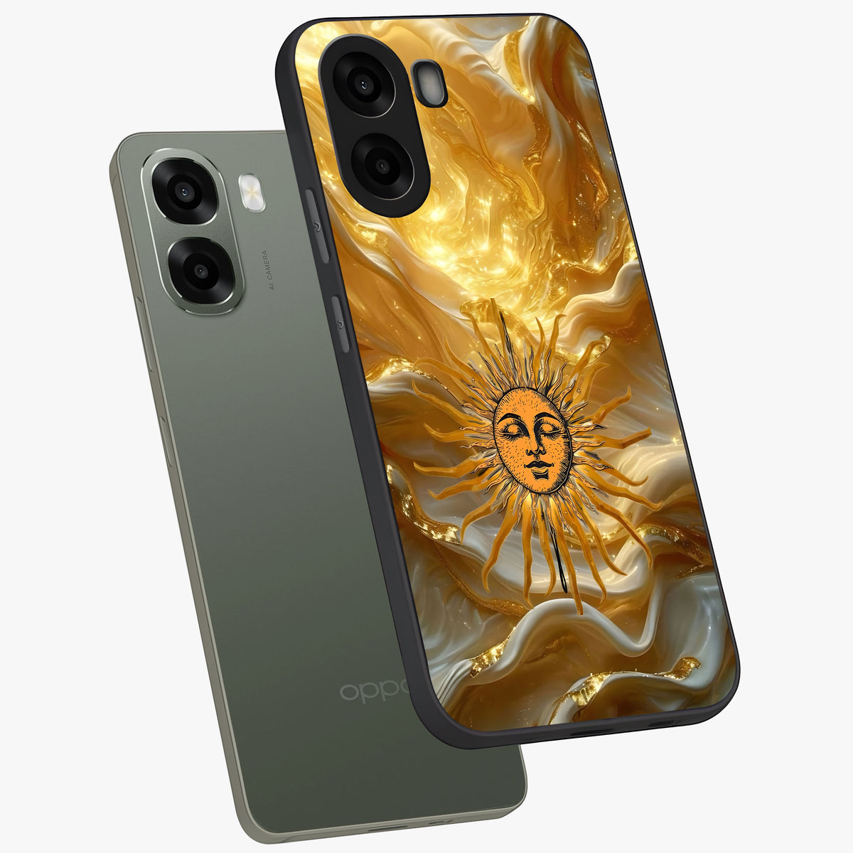 Eternal Golden Glow Glass Case displayed in angled mockup highlighting glowing golden aesthetic design with elegant style.