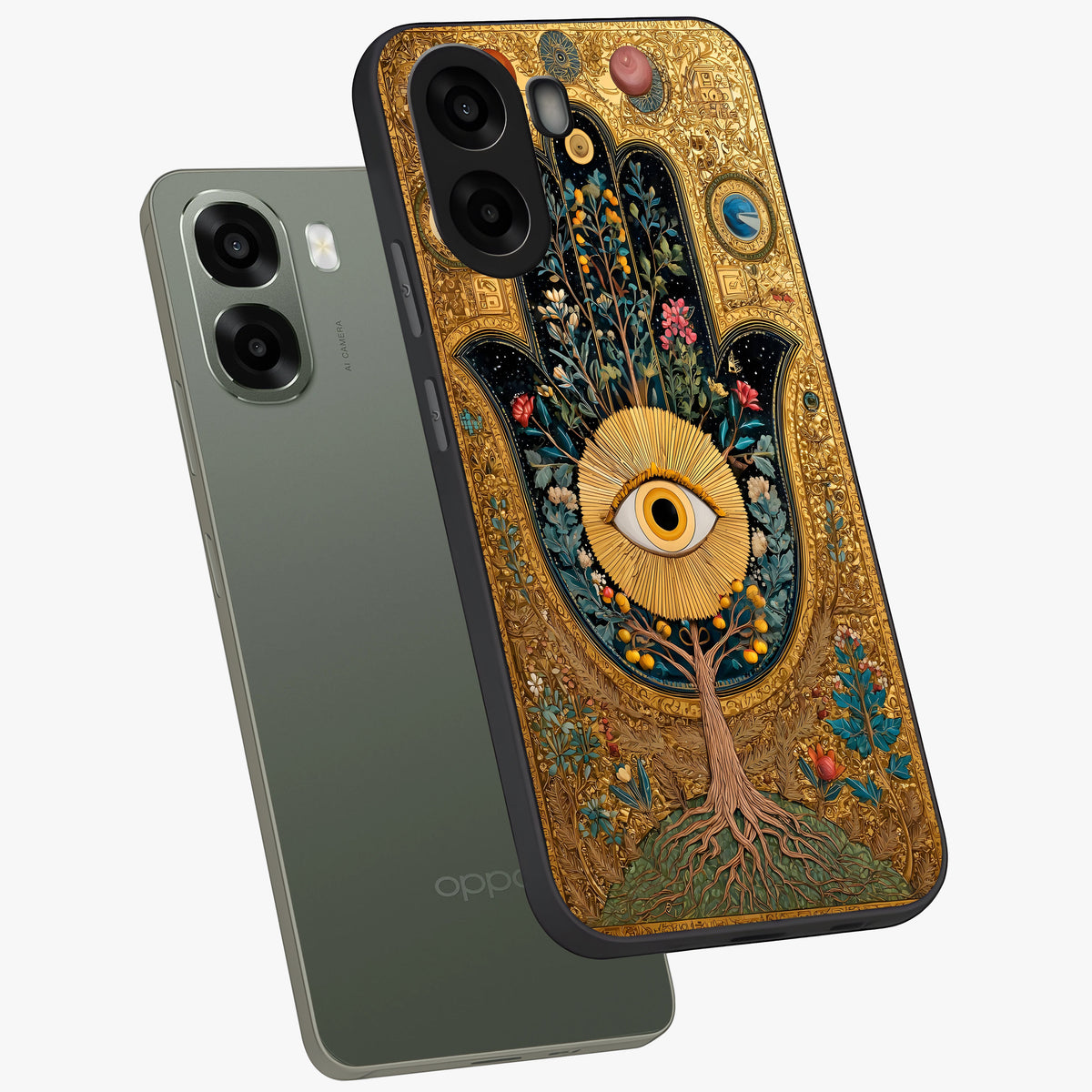 Ethereal Evil Eye Glass Case displayed in angled mockup highlighting protective evil eye symbol with spiritual aesthetic design.