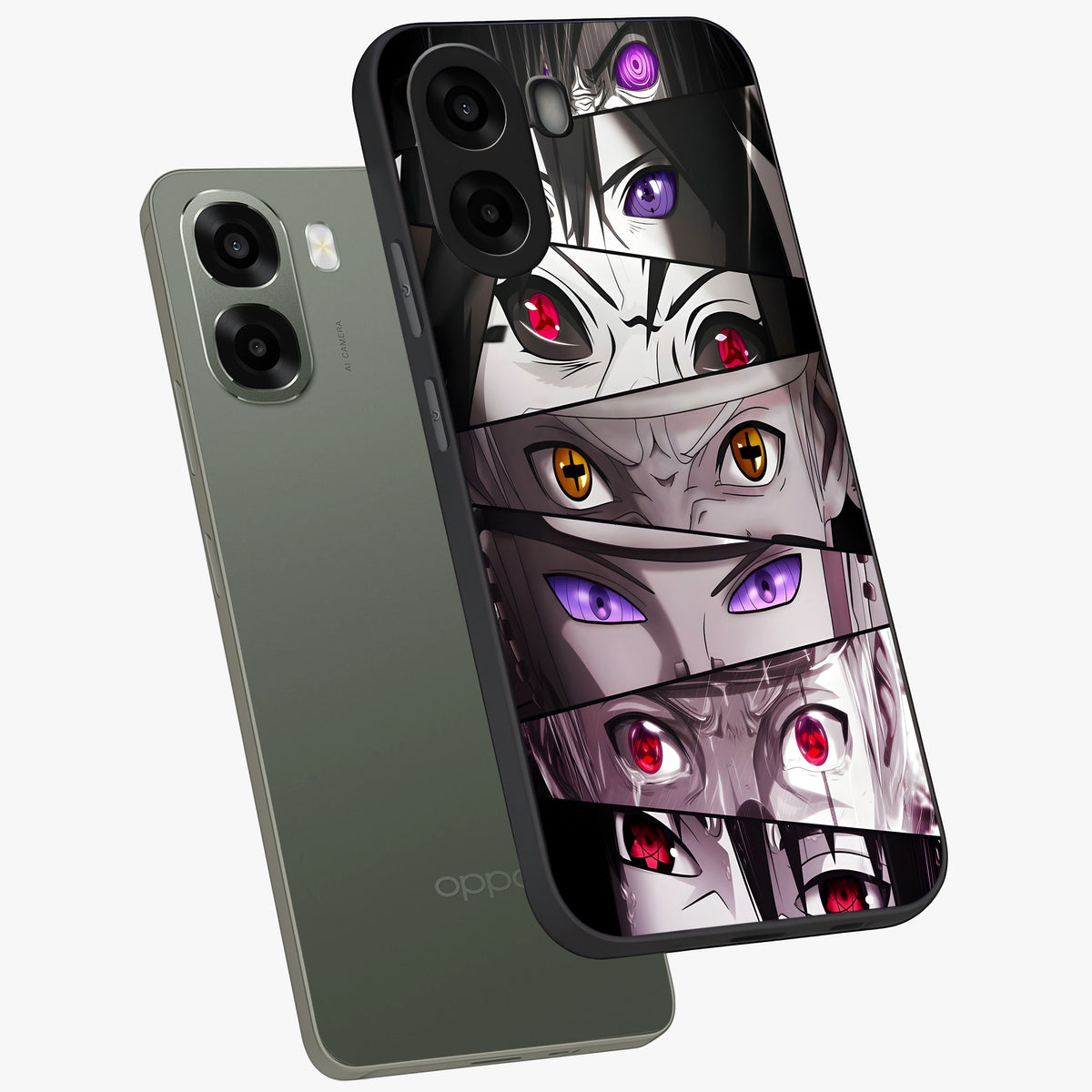 Eyes of Destiny Glass Case displayed in angled mockup highlighting bold eye illustration with mystical aesthetic style.