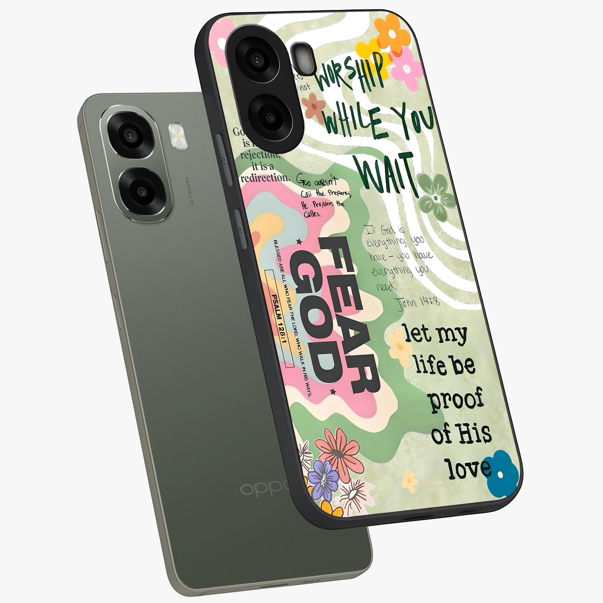 Faith Over Fear Glass Case displayed in angled mockup highlighting inspirational message design with modern aesthetic style.