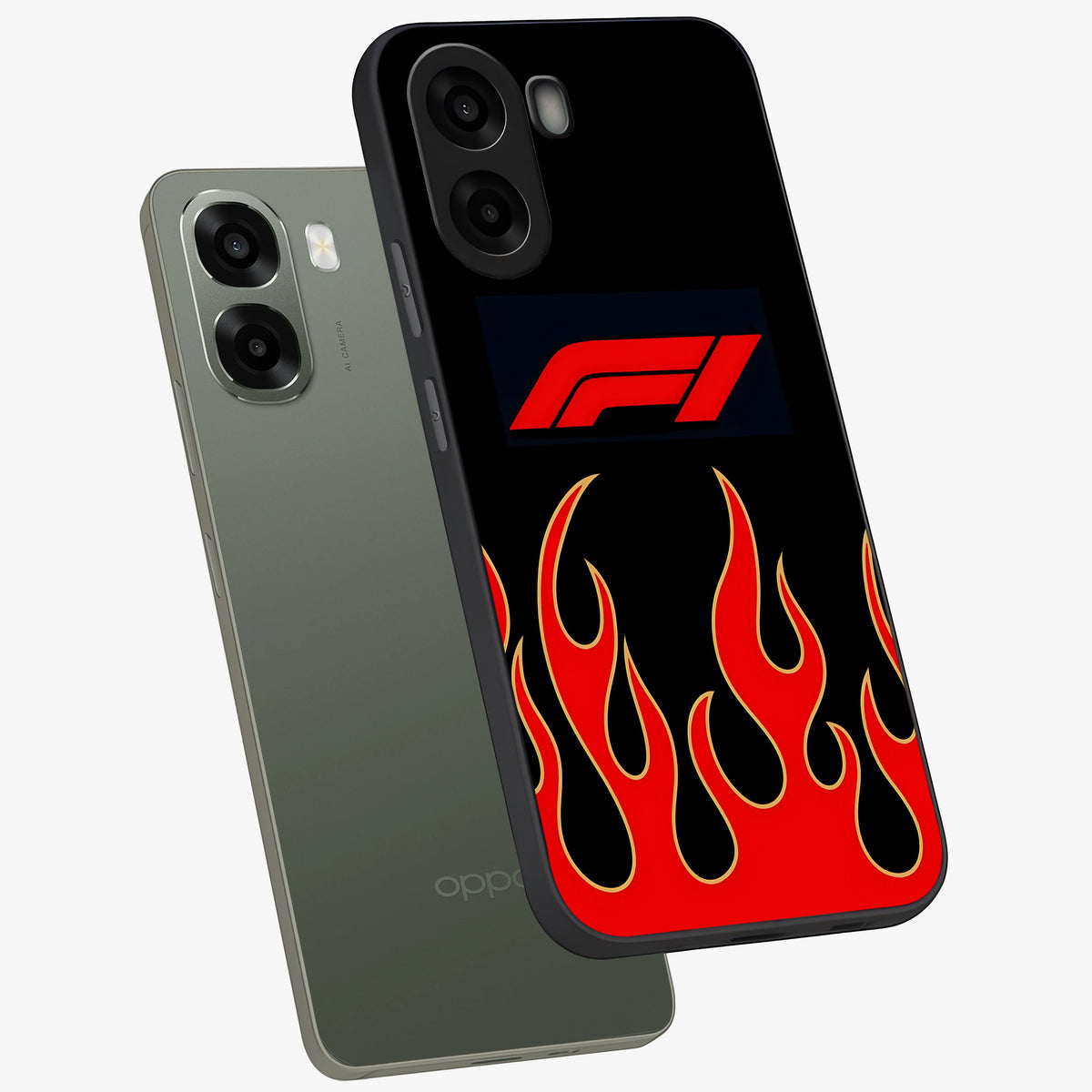Fire F11 Glass Case displayed in angled mockup highlighting bold fire inspired graphic with energetic aesthetic style.