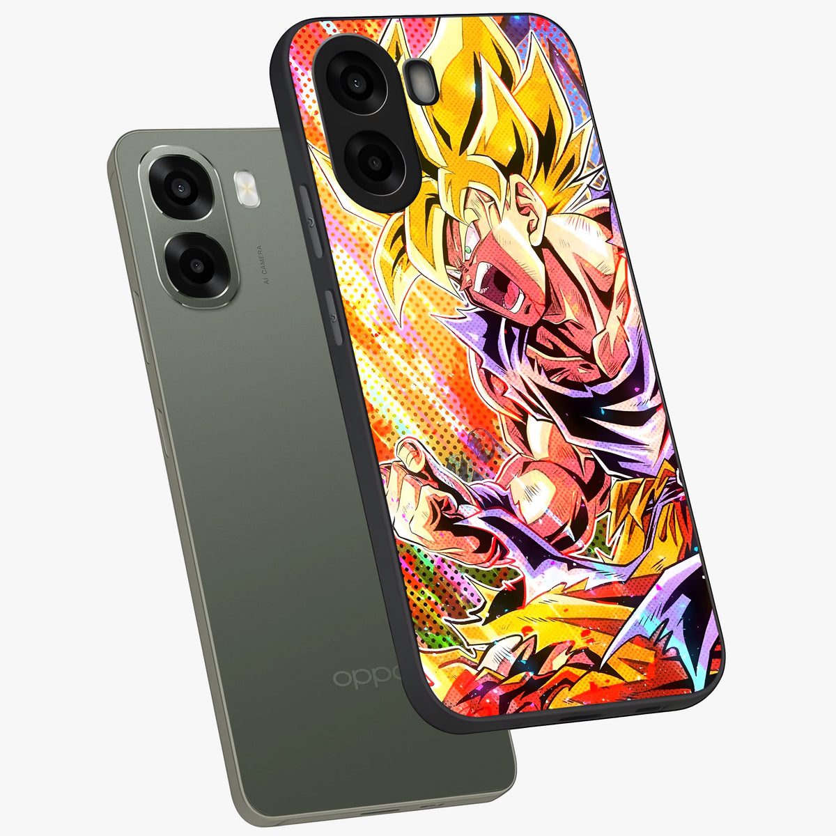 Firing Goku Glass Case displayed in angled mockup highlighting dynamic anime character design with action aesthetic.