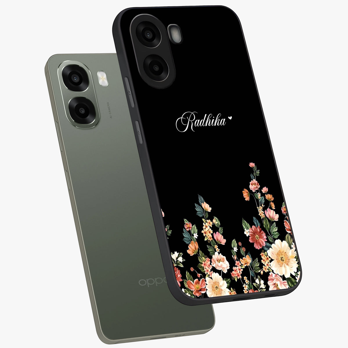 Floral Design With a Custom Personalized Name Glass Case displayed in angled mockup highlighting elegant floral pattern with custom name feature.