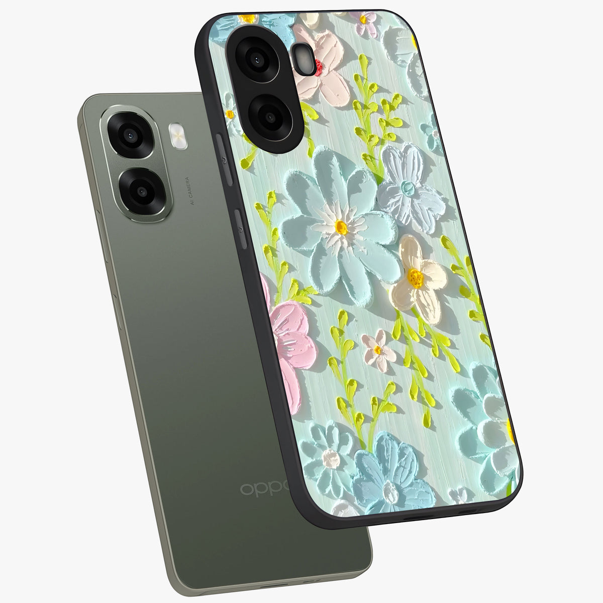 Frosted Petal Garden Glass Case displayed in angled mockup highlighting delicate flower petal design with calm garden aesthetic.