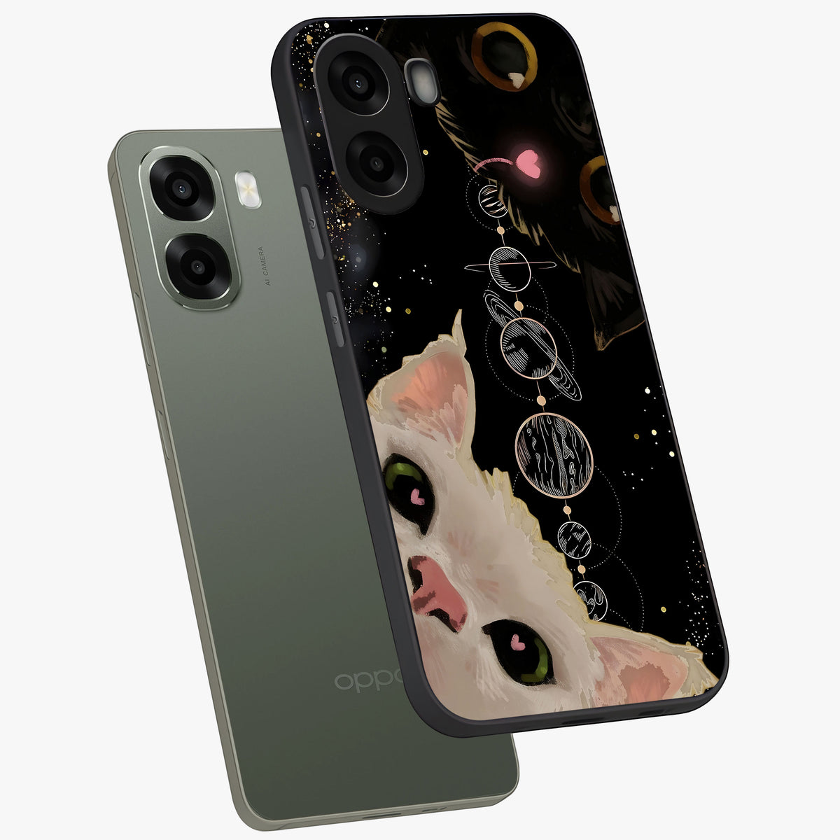 Galactic Cat Glass Case displayed in angled mockup highlighting celestial feline illustration with galaxy aesthetic style.