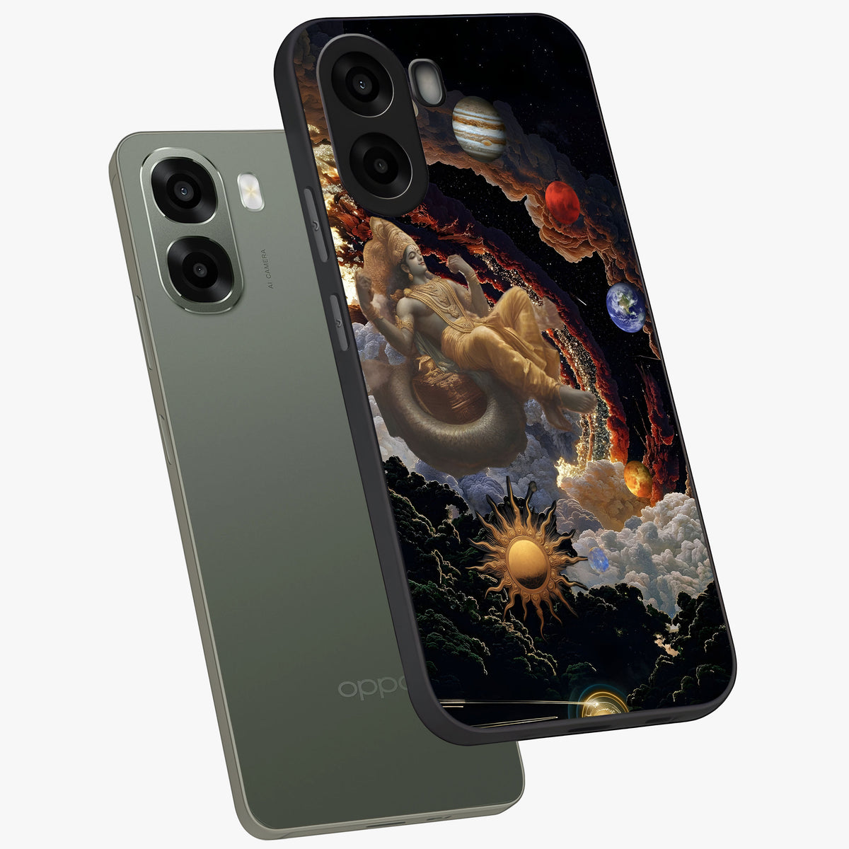 Galactic Divine God Glass Case displayed in angled mockup highlighting powerful celestial deity illustration with galactic aesthetic.