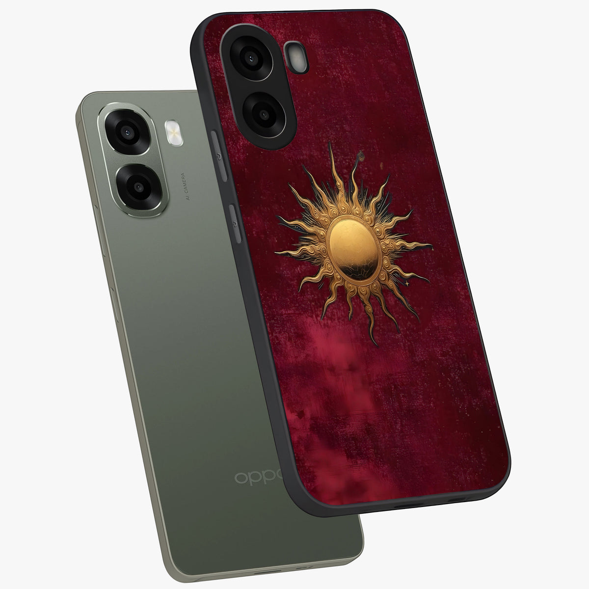 Golden Sun Minimalism Glass Case displayed in angled mockup highlighting clean sun symbol design with modern minimal aesthetic.