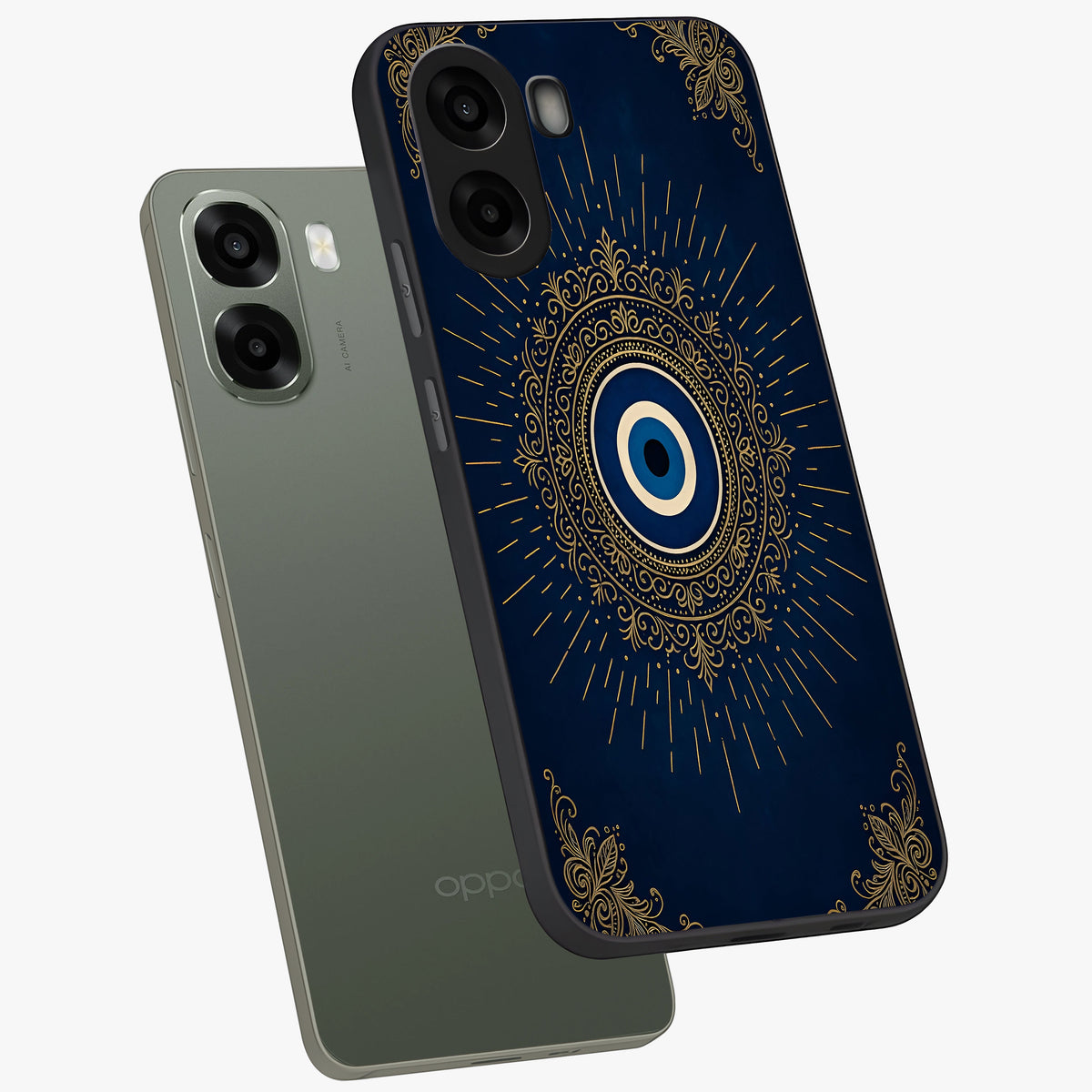 Golden Celestial Charm Glass Case displayed in angled mockup highlighting sparkling cosmic charm design with celestial aesthetic.