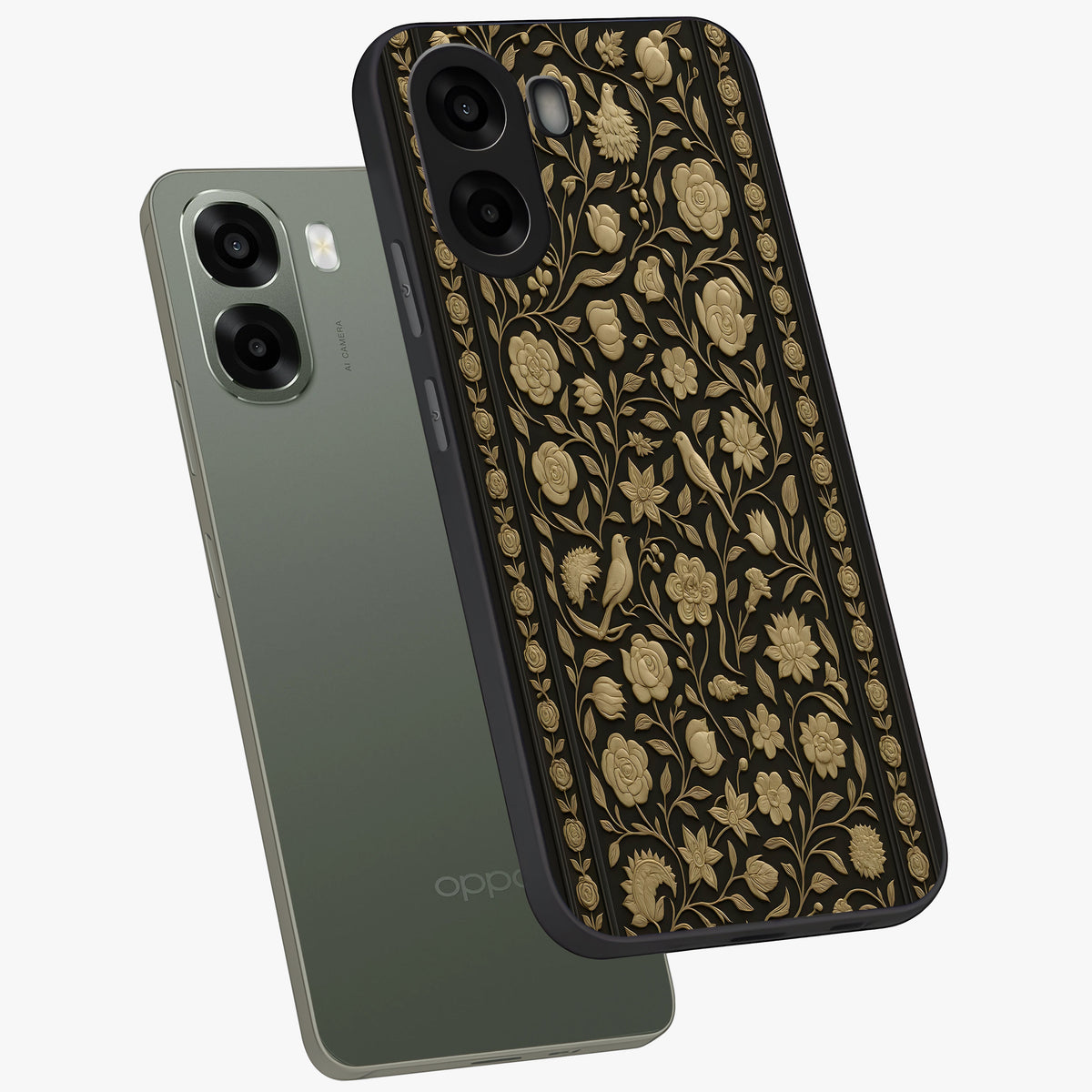 Golden Evil Eye Mandala Glass Case displayed in angled mockup highlighting protective evil eye symbol with golden mandala design.