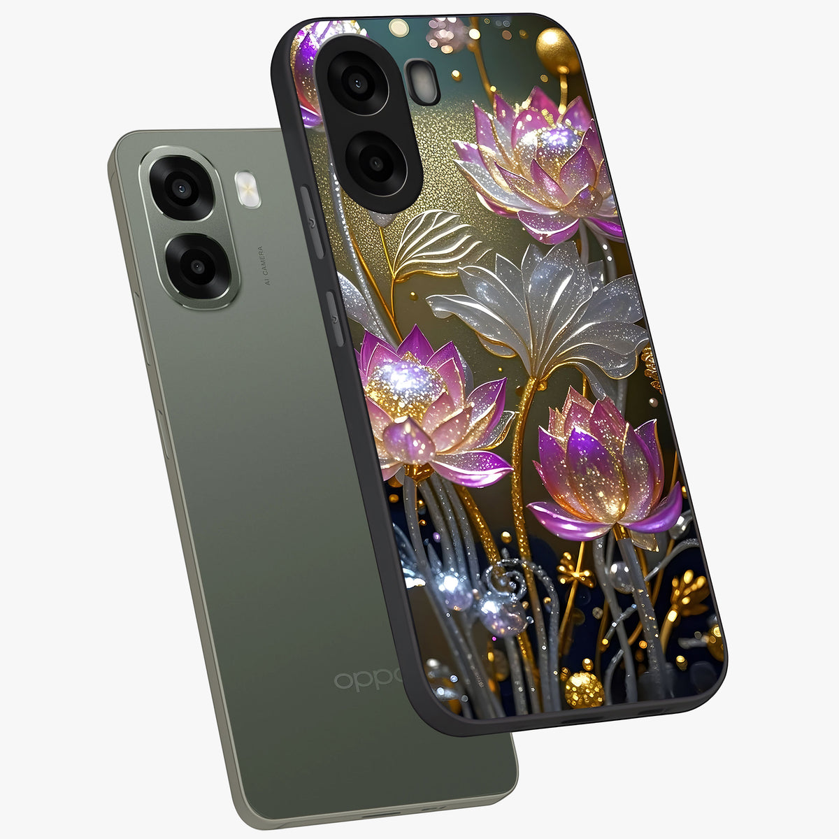 Golden Floral Majesty Glass Case displayed in angled mockup highlighting elegant flower design with royal golden aesthetic.