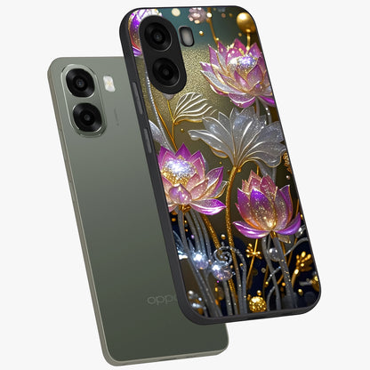 Golden Floral Majesty Glass Case displayed in angled mockup highlighting elegant flower design with royal golden aesthetic.